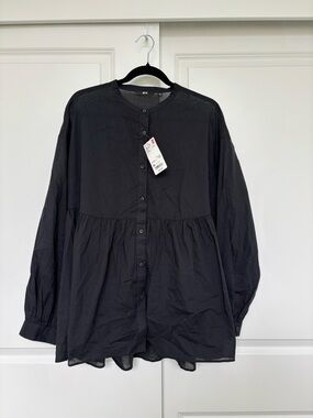 Uniqlo Black Woman Cotton Gathered Long Sleeve Blouse Size XL